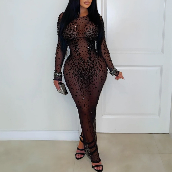 Women Wear Sexy Sheer Mesh Rhinestone Sheath Dress by Ragazza