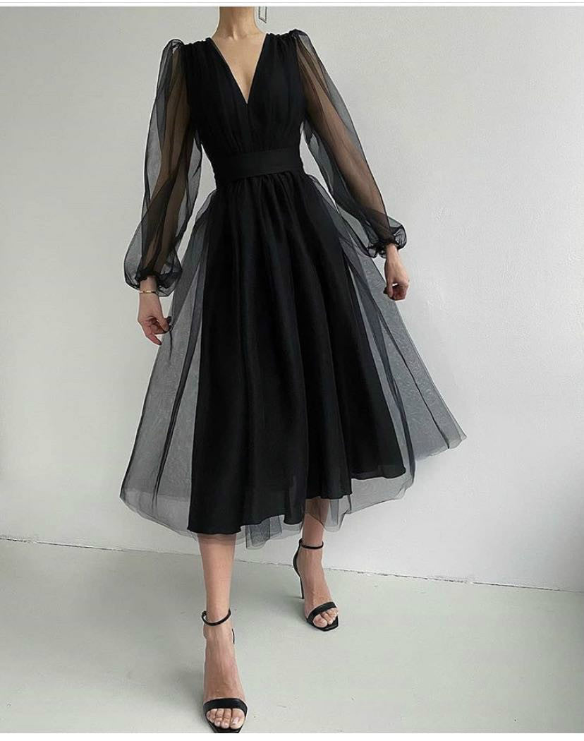 Sexy Deep V Plunge Plunge Mesh Bubble Long Sleeve Dress Slim Waist Dress by Ragazza