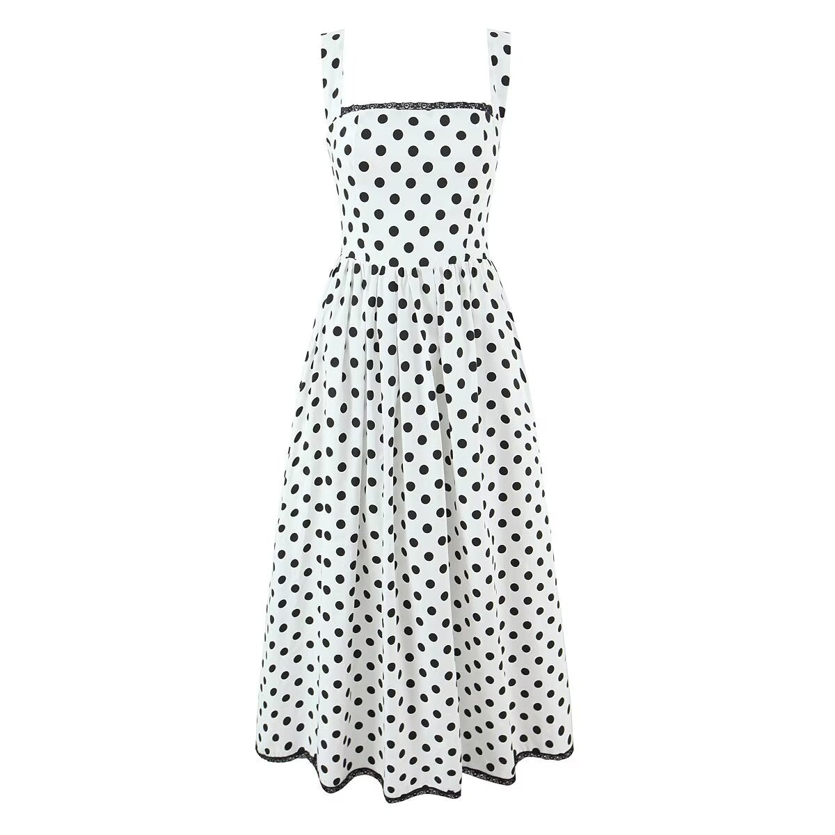 French Retro Dots Printed Lace Trim Holiday Dress Summer Waist Trimming Lace up Slim Fit Holiday Cami Long Dress by Ragazza