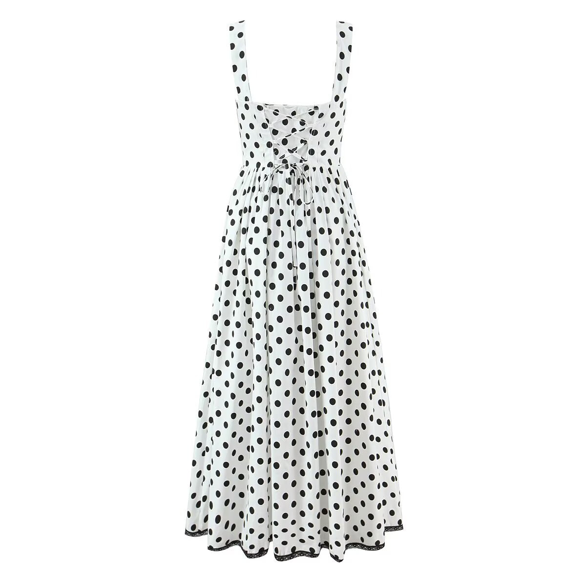 French Retro Dots Printed Lace Trim Holiday Dress Summer Waist Trimming Lace up Slim Fit Holiday Cami Long Dress by Ragazza