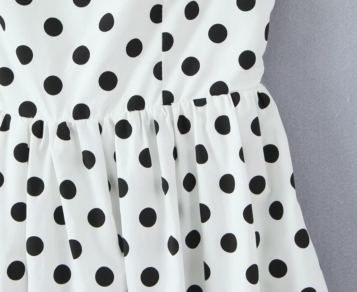 French Retro Dots Printed Lace Trim Holiday Dress Summer Waist Trimming Lace up Slim Fit Holiday Cami Long Dress by Ragazza