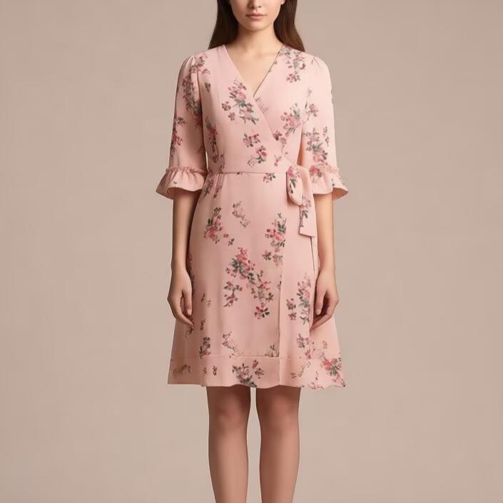 Spring French Floral Printed V neck Ruffled Cropped Sleeve Lace up Stomach Blanket Dress by Ragazza