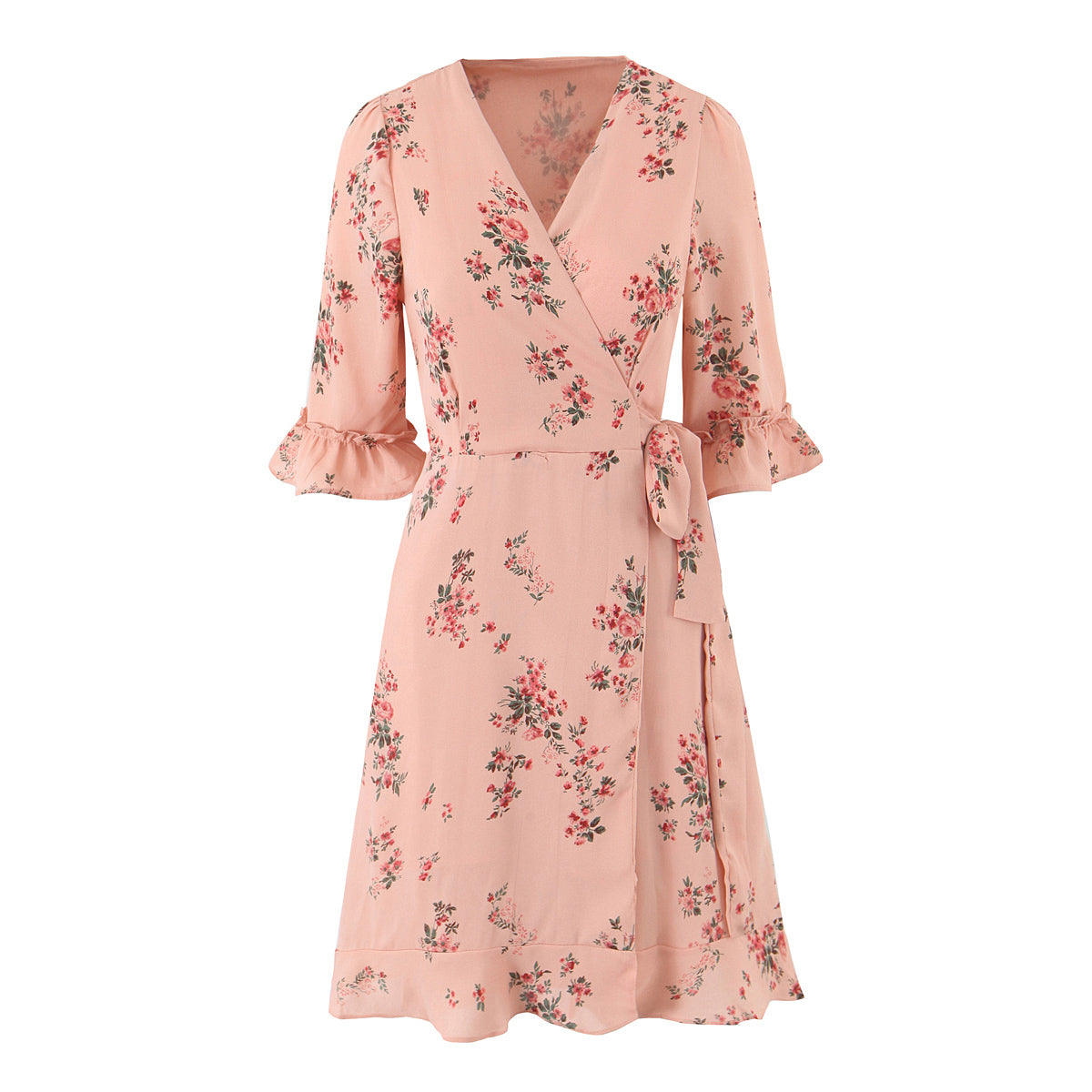 Spring French Floral Printed V neck Ruffled Cropped Sleeve Lace up Stomach Blanket Dress by Ragazza