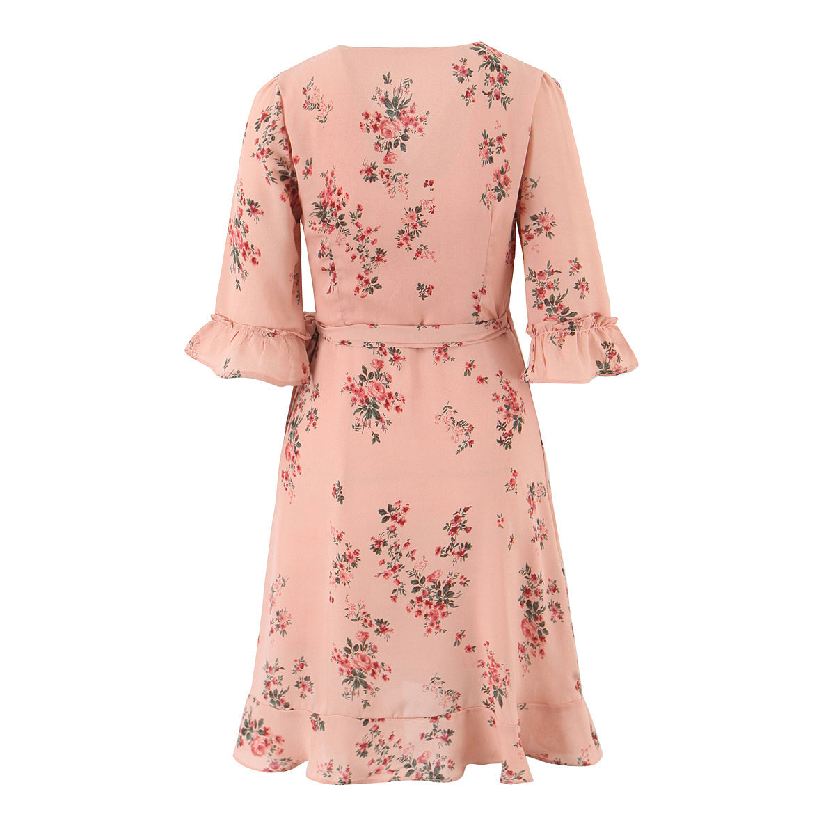 Spring French Floral Printed V neck Ruffled Cropped Sleeve Lace up Stomach Blanket Dress by Ragazza