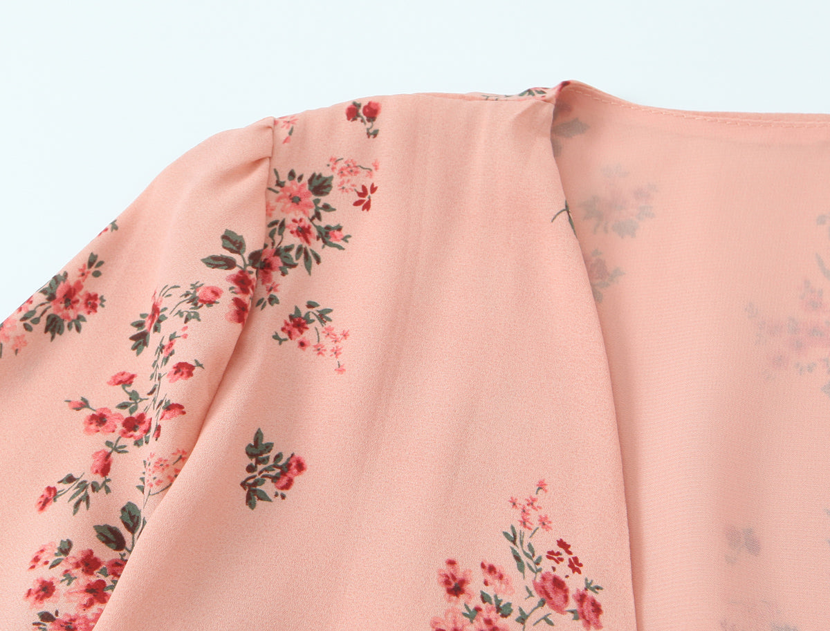 Spring French Floral Printed V neck Ruffled Cropped Sleeve Lace up Stomach Blanket Dress by Ragazza