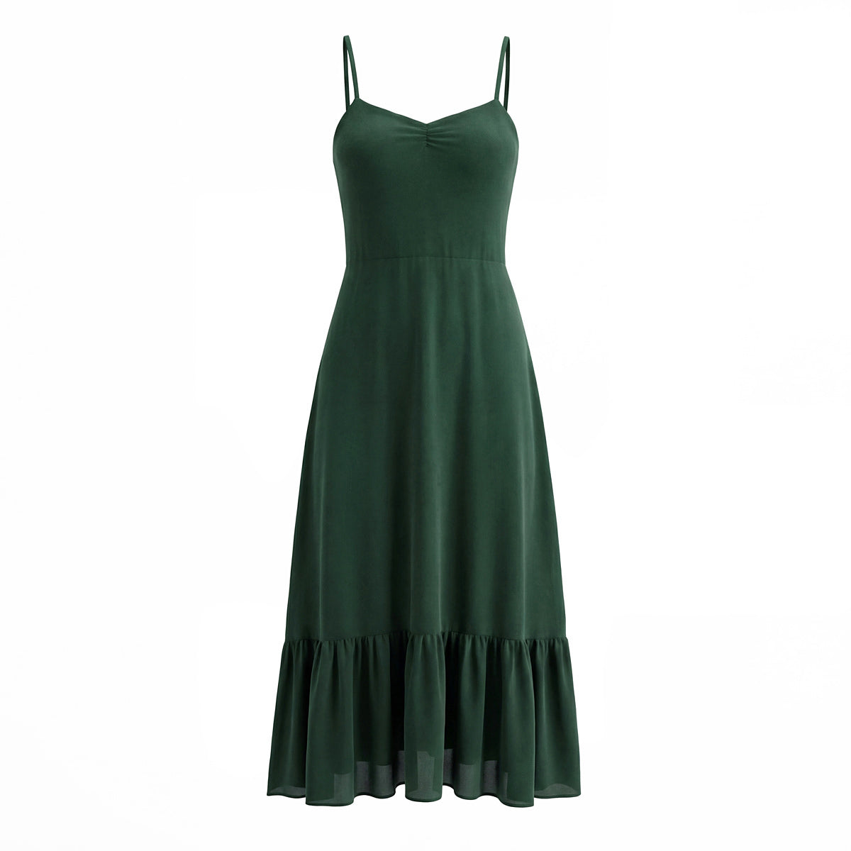French Waist Tight Green Suspenders Dress for Women Slim Fit Ruffled Retro Slim Fit Holiday Chiffon Maxi Dress by Ragazza
