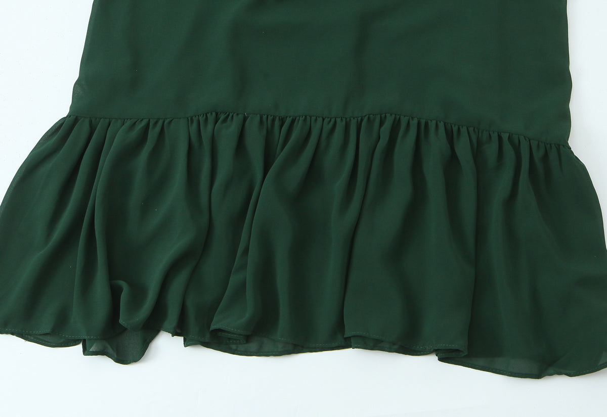 French Waist Tight Green Suspenders Dress for Women Slim Fit Ruffled Retro Slim Fit Holiday Chiffon Maxi Dress by Ragazza