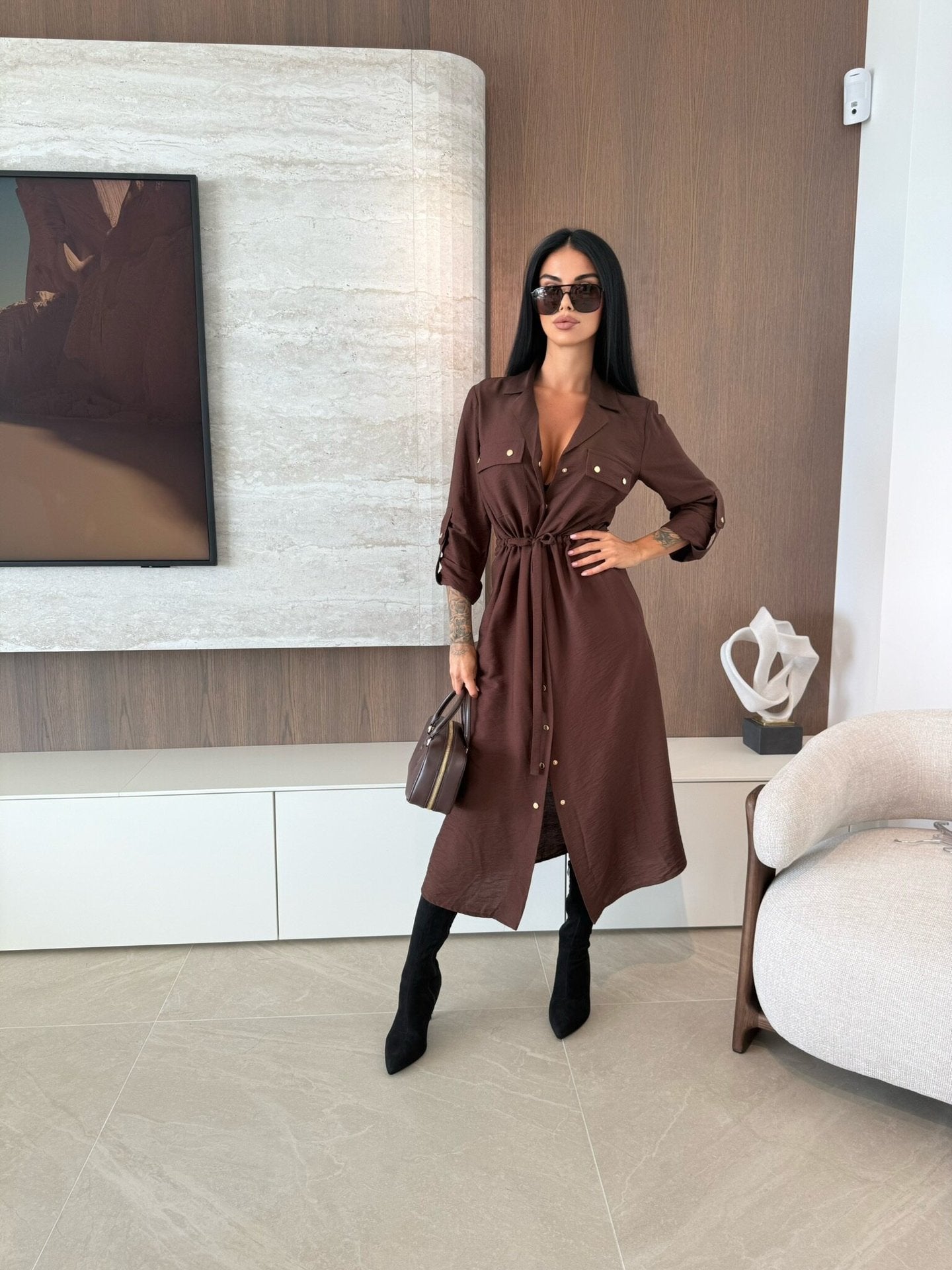Women Clothing Spring Summer Popular Solid Color Long Sleeve Single Dress by Ragazza