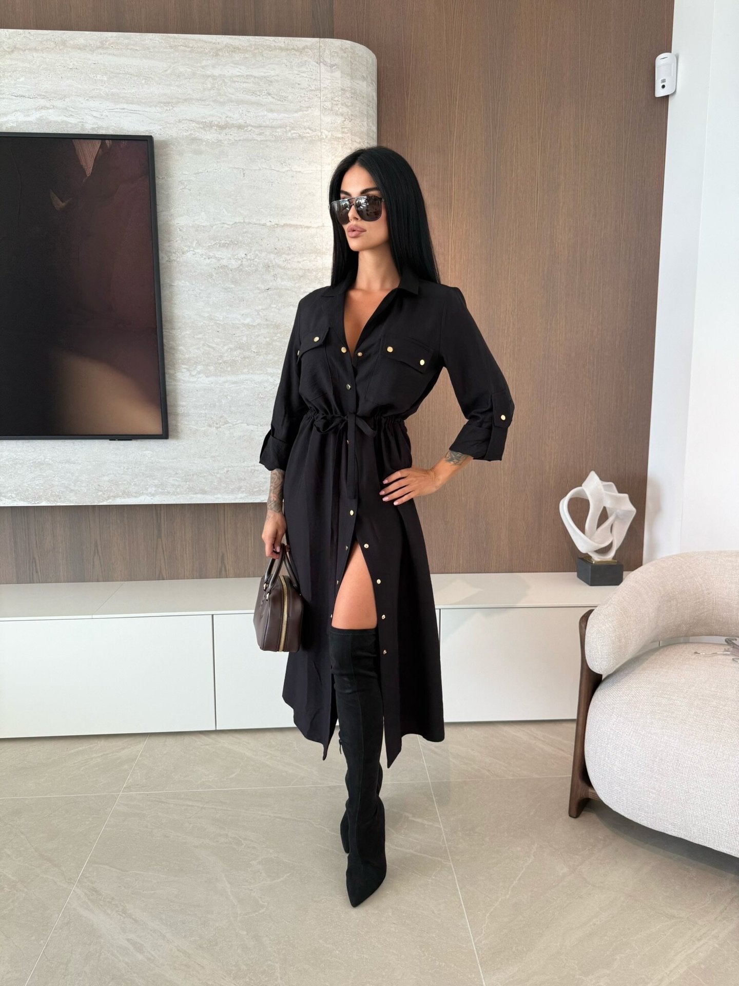 Women Clothing Spring Summer Popular Solid Color Long Sleeve Single Dress by Ragazza