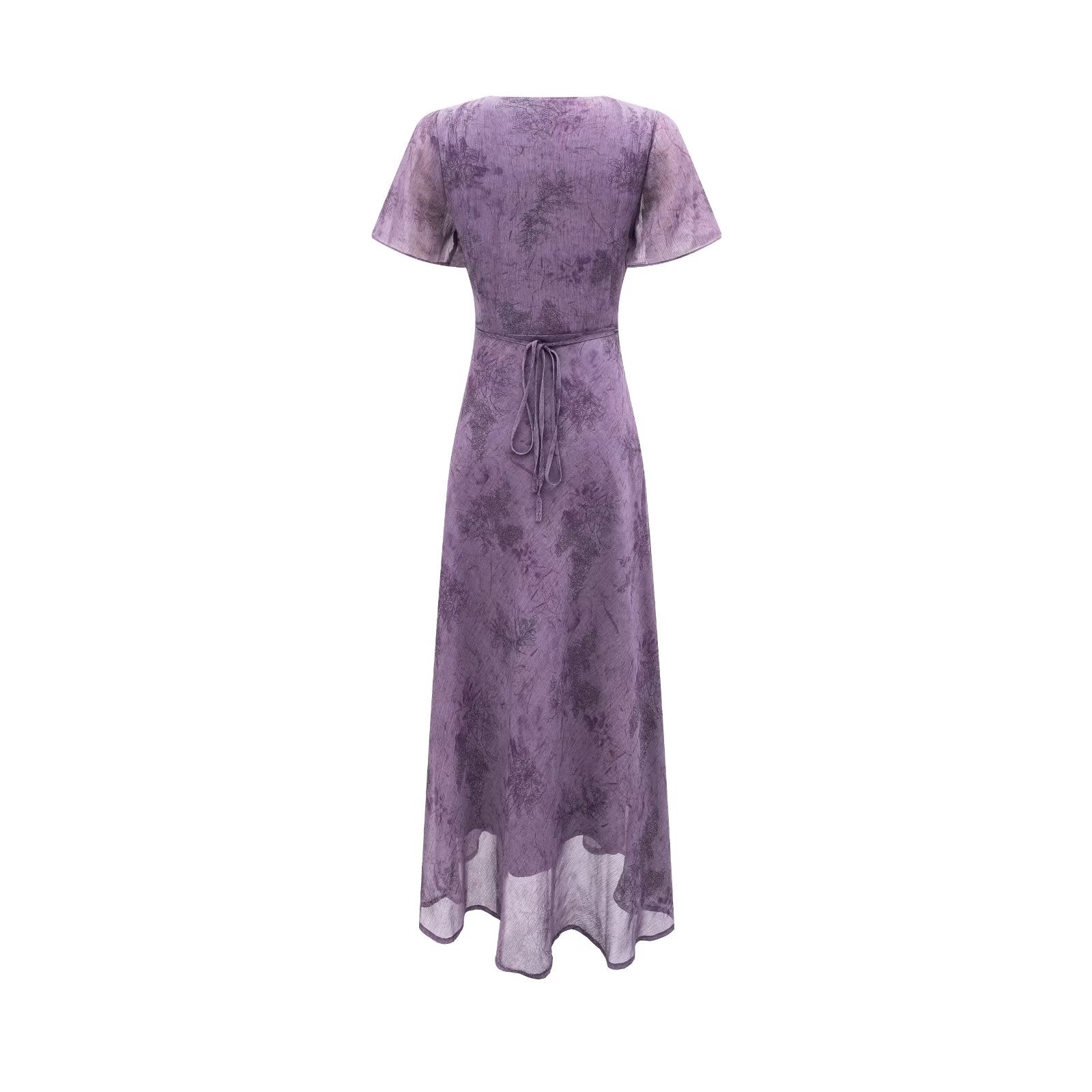 Elegant Slimming V Neckline Pullover Lace Stitching Design Dress Lace up Waist Tight Purple Dress by Ragazza
