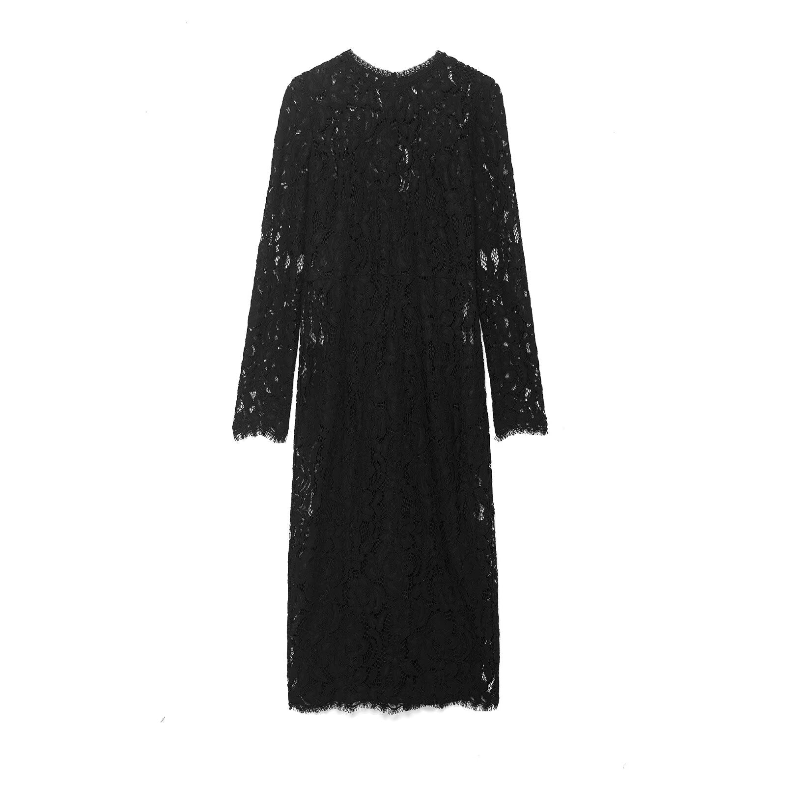 Autumn Women Clothing Fashionable Simple Black Lace Transparent Long Sleeve Dress by Ragazza