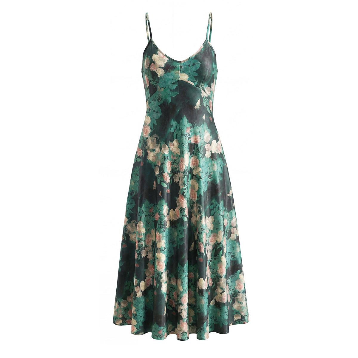 Women Clothing French Blackish Green Rose Printed Elegant Slim V neck Vacation Strap Maxi Dress by Ragazza
