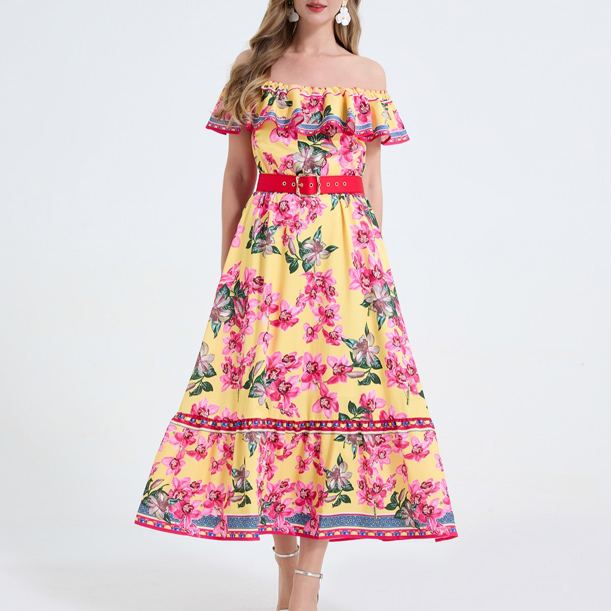 Women One Shoulder Frilled Off Shoulder Long Dress With A Slim Fit Beachy Style by Ragazza