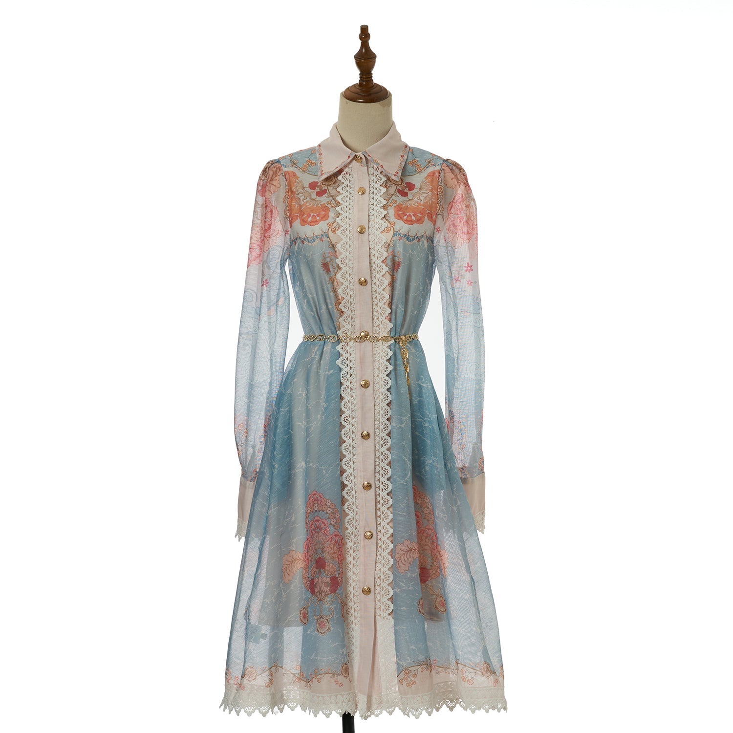 Women lace collar long sleeved belted printed blouse short Dress elegant dress by Ragazza