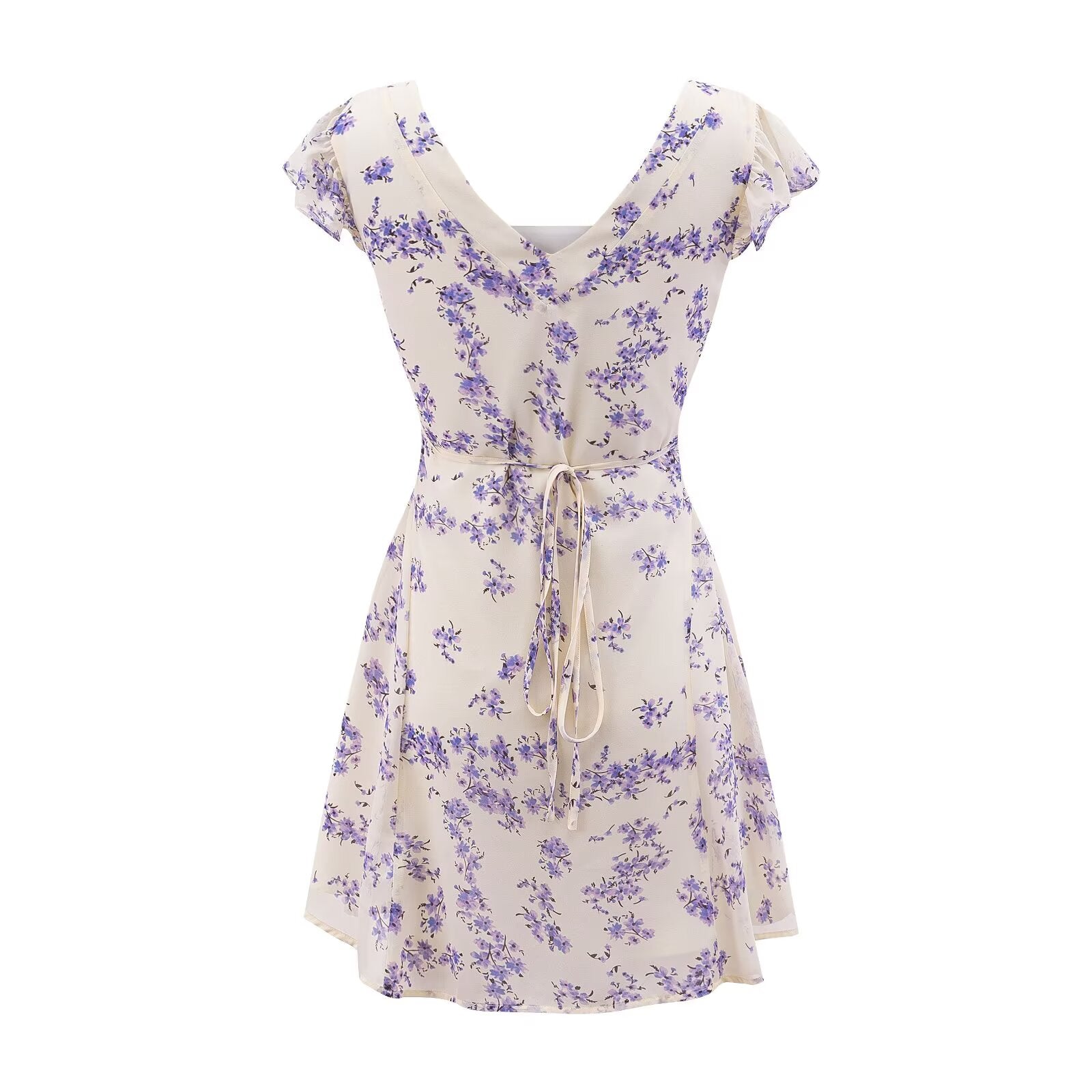 Early Spring Fresh White Background Floral Square Collar Short Sleeve Lace up Waist Controlled Dress by Ragazza