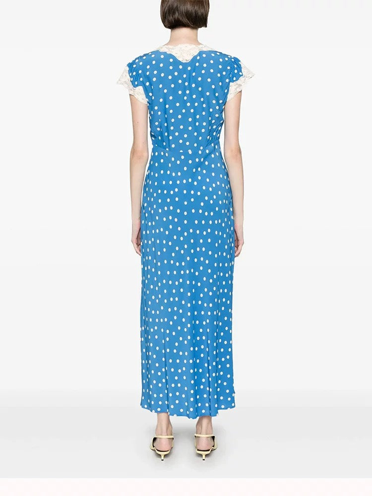 Autumn Women Elegant V Collar Polka Dot Lace Stitching Dress by Ragazza