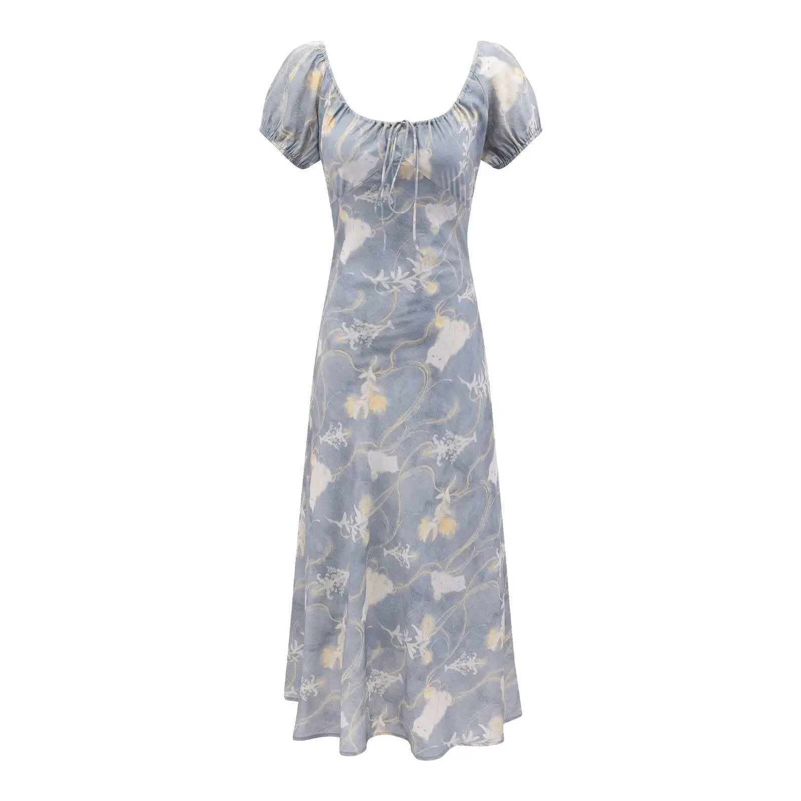 Early Spring Holiday Casual Cool Square Collar Puff Sleeve Printed Waist Controlled Dress