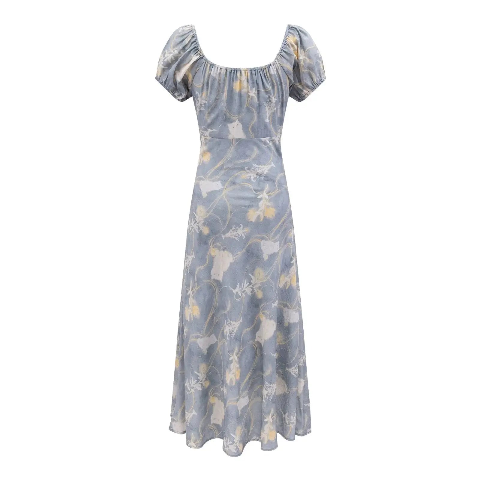 Early Spring Holiday Casual Cool Square Collar Puff Sleeve Printed Waist Controlled Dress