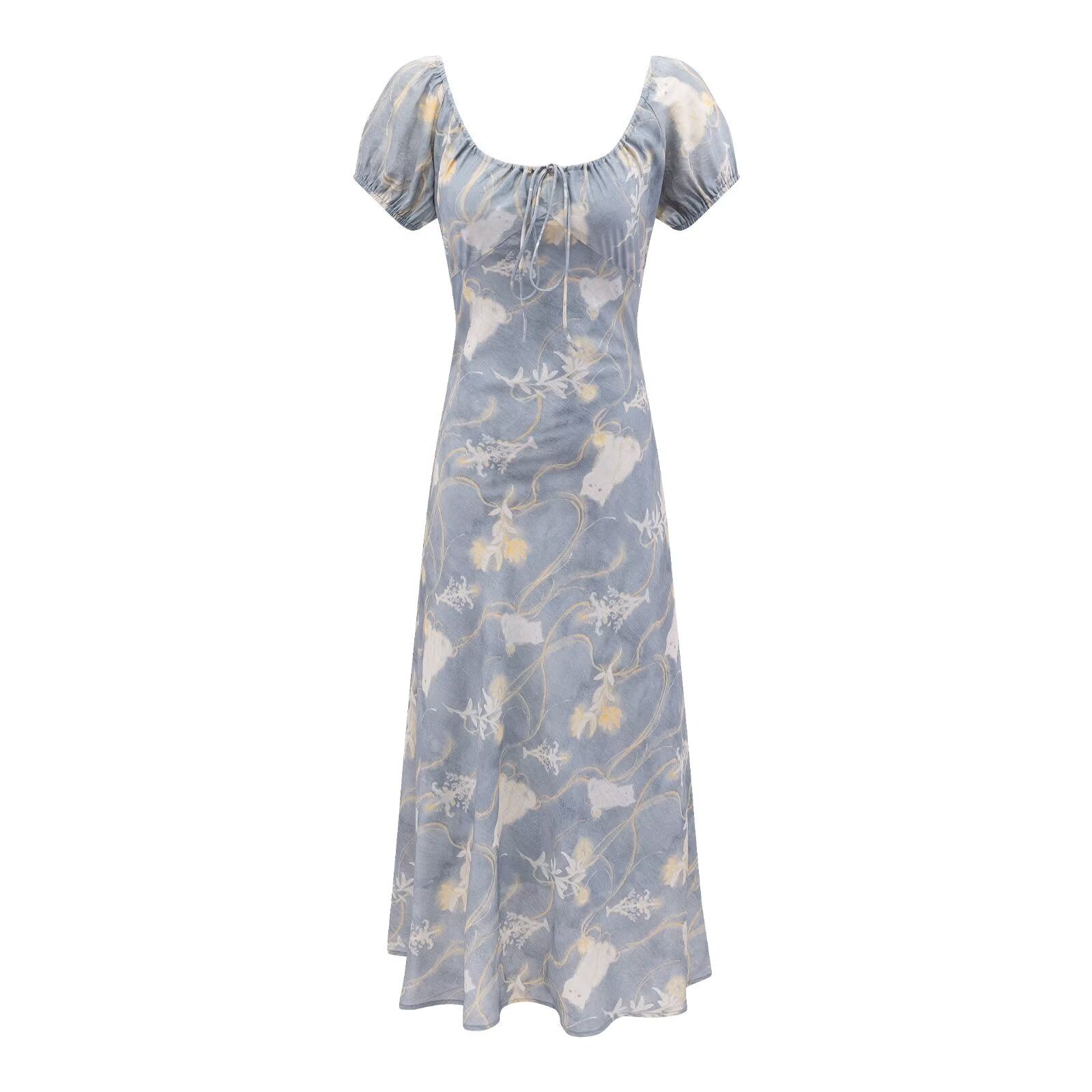 Early Spring Holiday Casual Cool Square Collar Puff Sleeve Printed Waist Controlled Dress by Ragazza