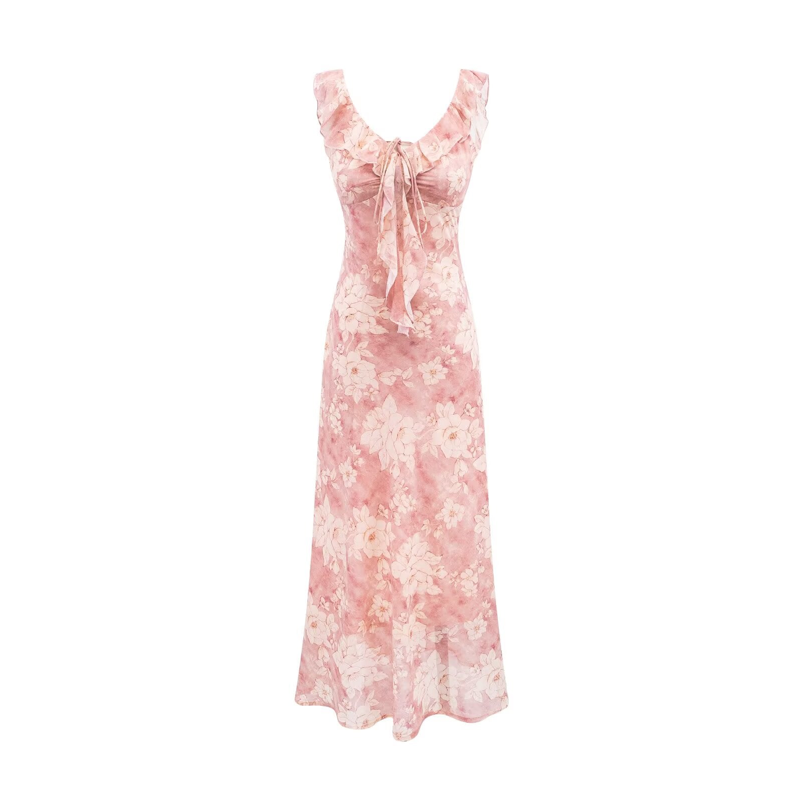Vintage Ruffled Drawstring Patchwork Slip Dress Pink Rose Sheath Fishtail Midi Dress by Ragazza
