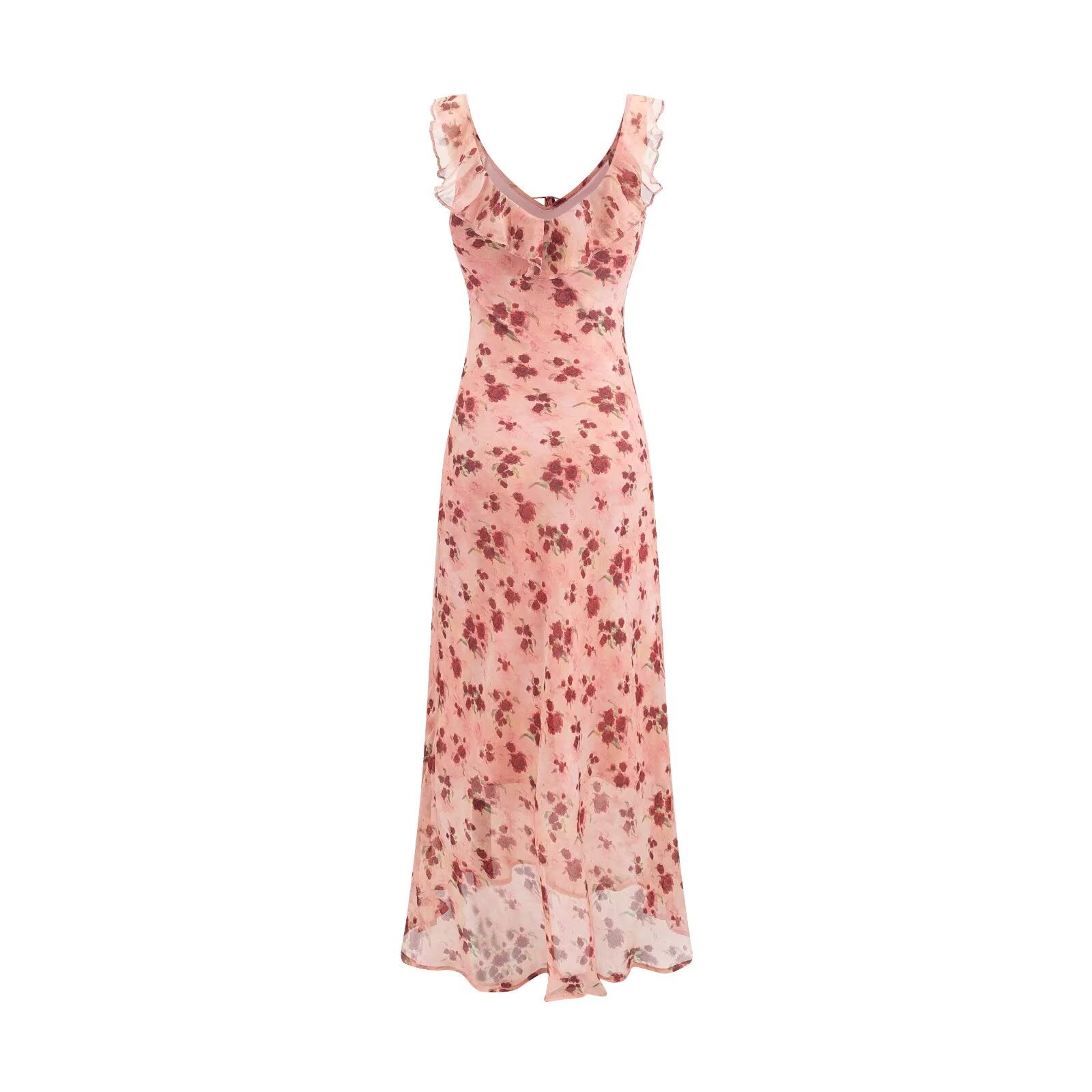 Vintage Ruffled Drawstring Patchwork Slip Dress Pink Rose Sheath Fishtail Midi Dress by Ragazza