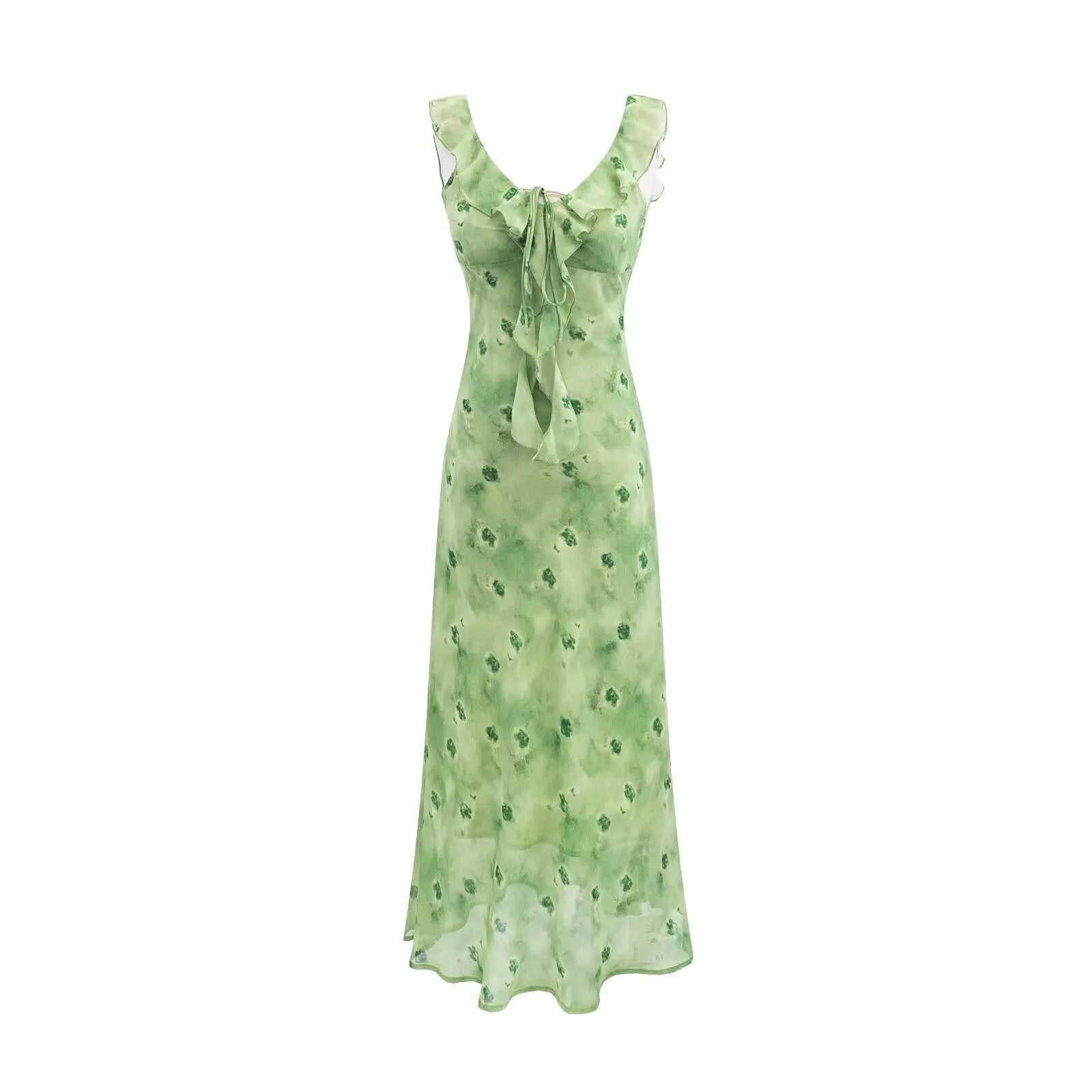 Vintage Ruffled Drawstring Patchwork Slip Dress Pink Rose Sheath Fishtail Midi Dress