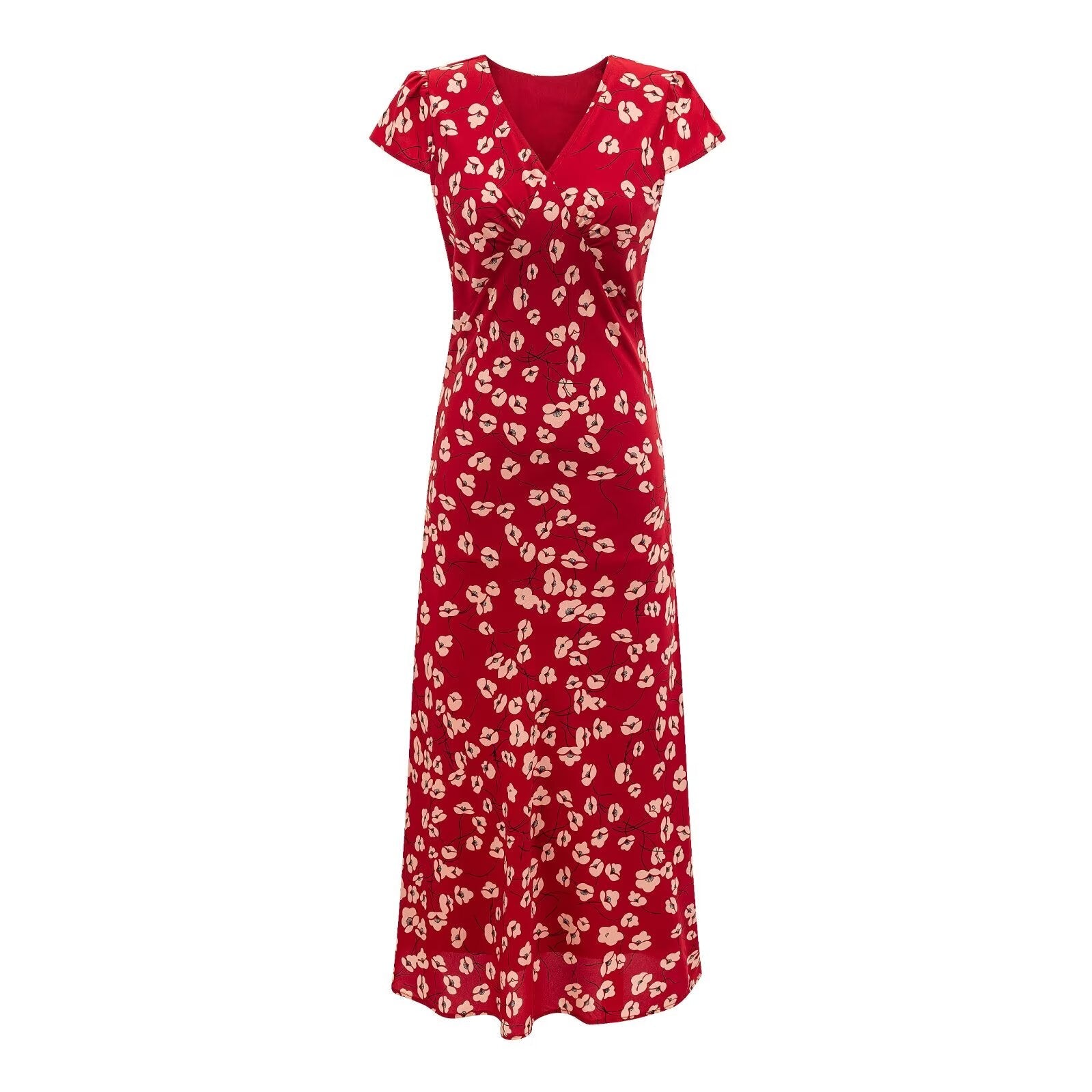 Vacation V neck Short Sleeved Red Dress Summer Waist Controlled Lace up Slim Elegant Floral Dress by Ragazza