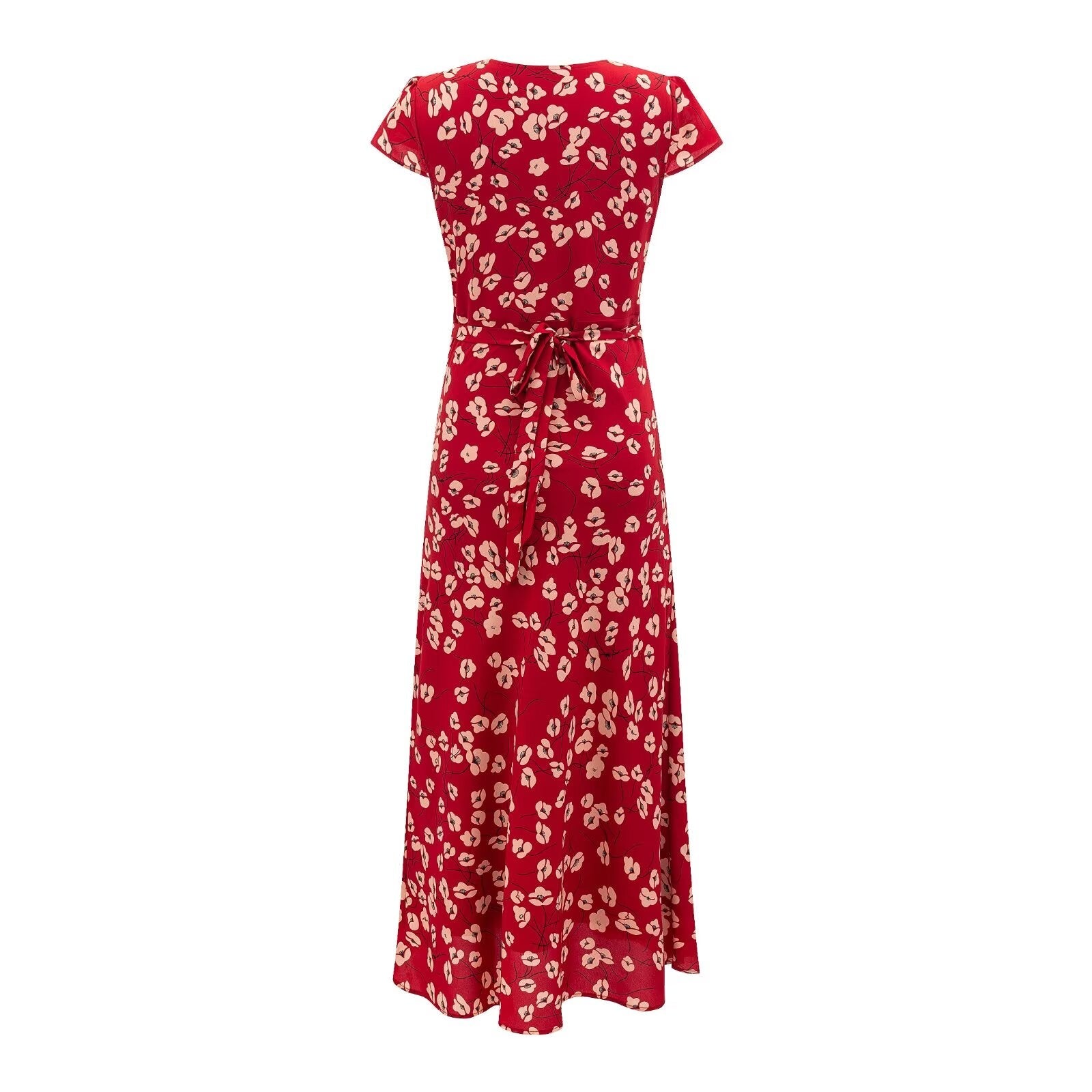 Vacation V neck Short Sleeved Red Dress Summer Waist Controlled Lace up Slim Elegant Floral Dress by Ragazza