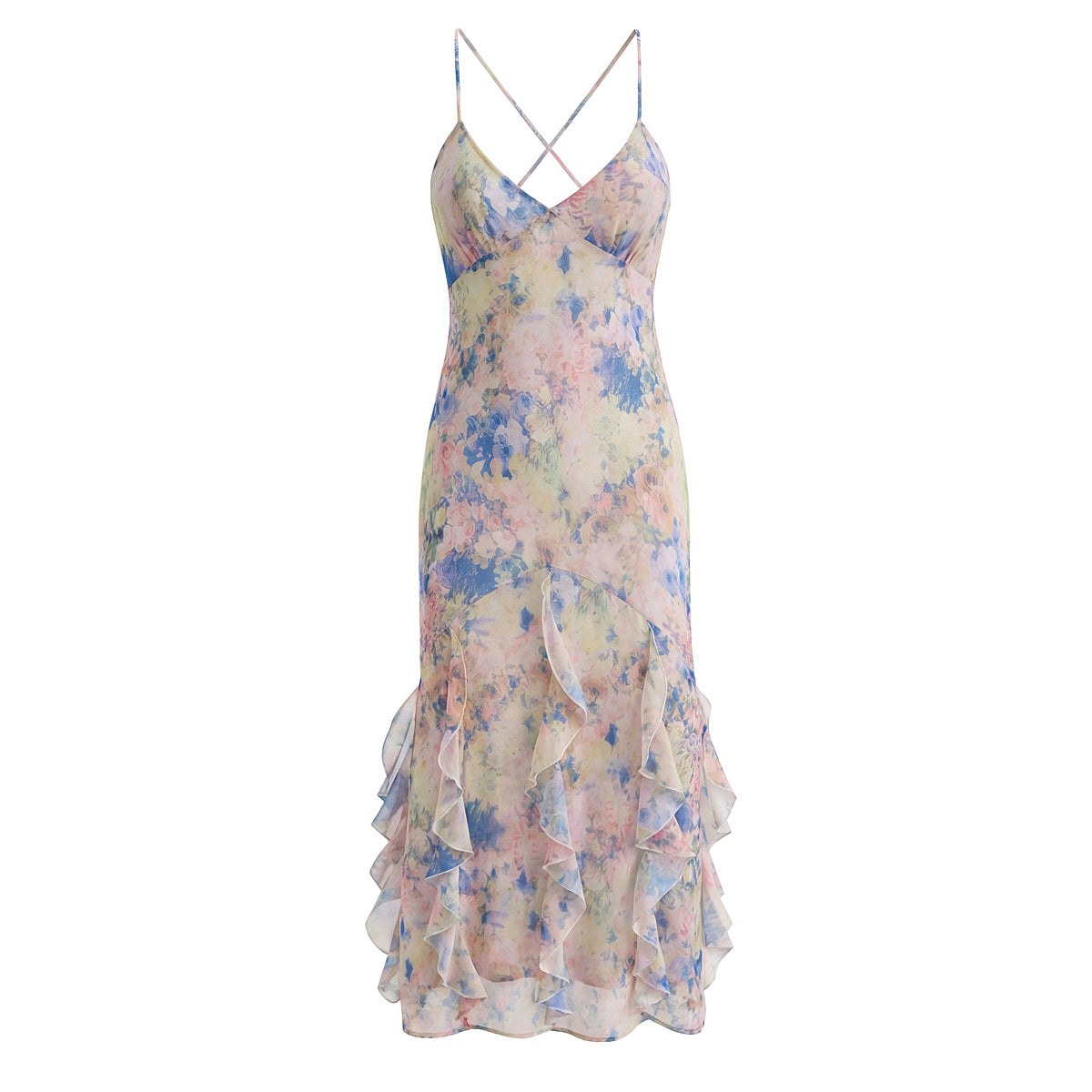 Summer Beautiful Dress Seaside Photograph Atmosphere Vacation Sweet Printed Ruffled Backless Cami Dress by Ragazza