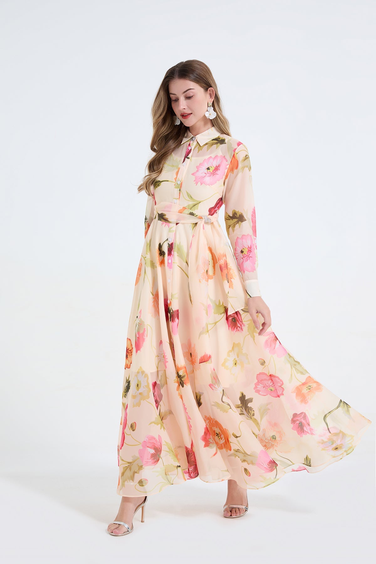 Women Printed Shirt Long Sleeved High Waisted Dress by Ragazza