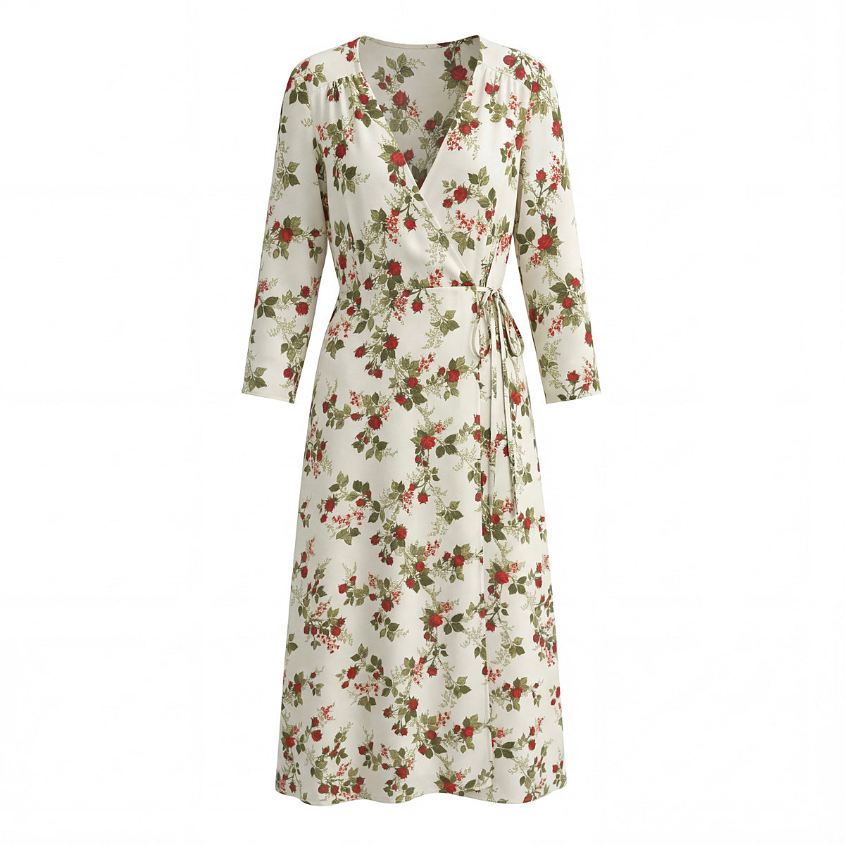 Women Clothing Idyllic Floral Tie Neck Waist Controlled Long Sleeves Stomach Blanket Dress by Ragazza
