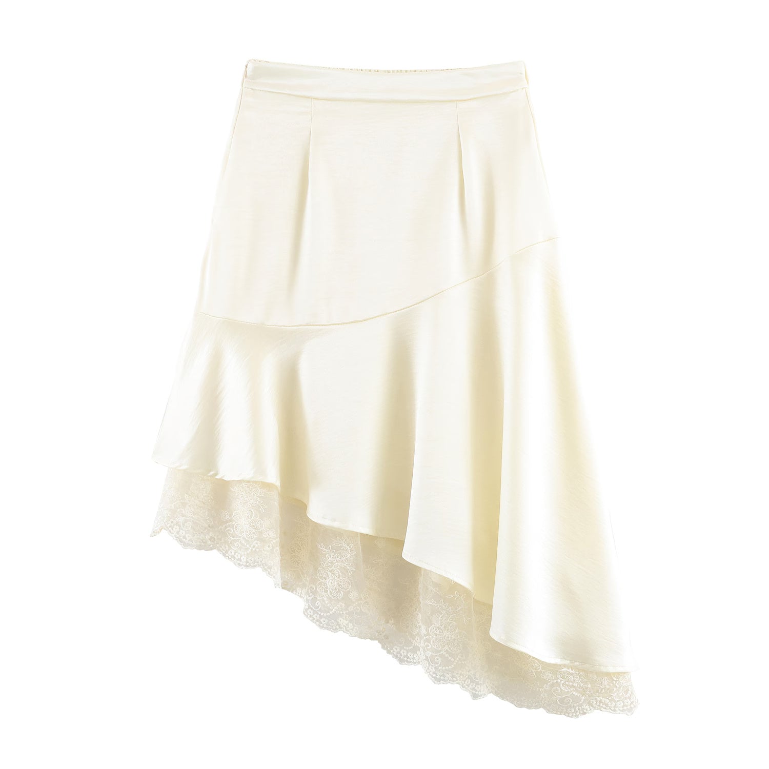 Fashionable Satin Lace Irregular Asymmetric Elegant Stitching Hem Skirt by Ragazza