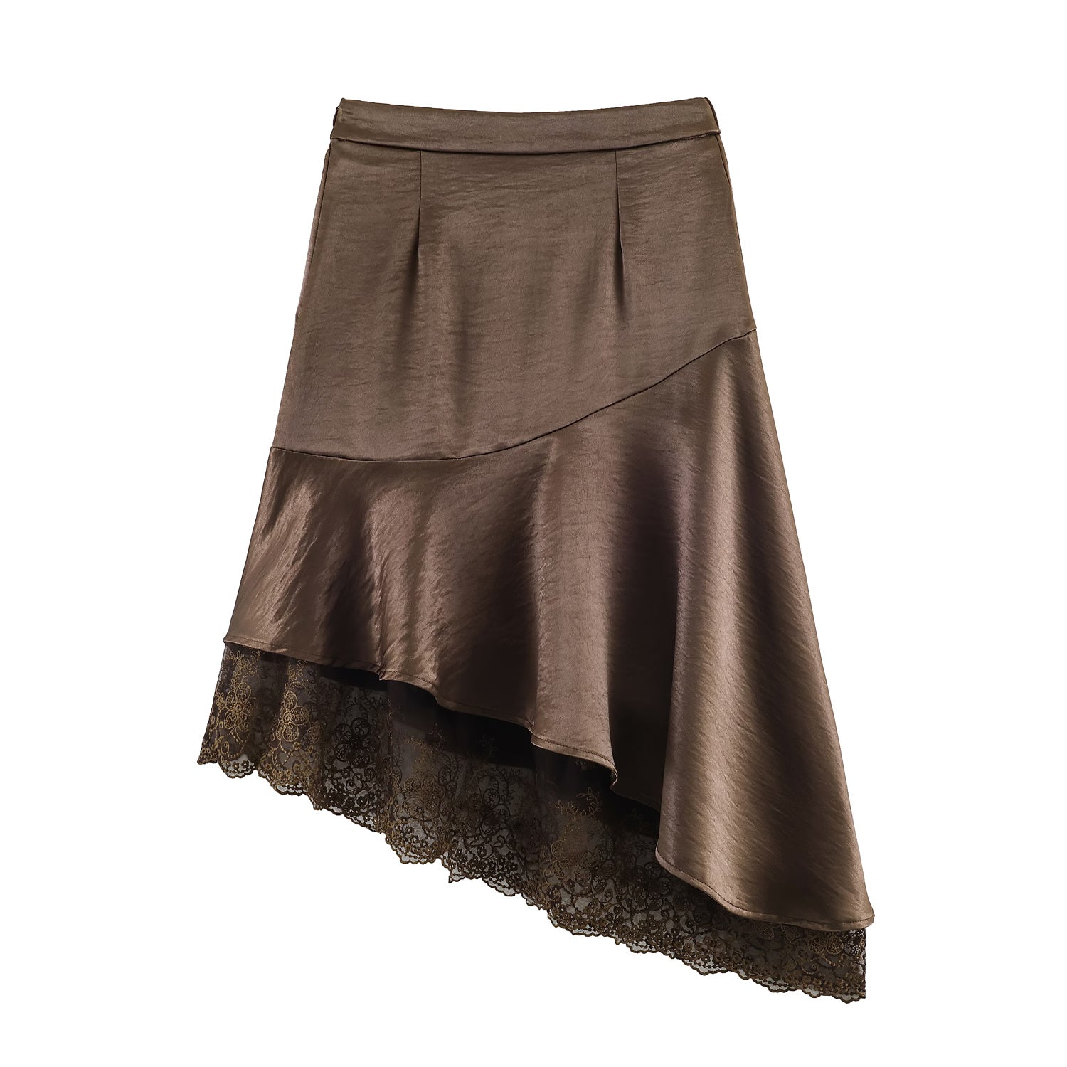 Fashionable Satin Lace Irregular Asymmetric Elegant Stitching Hem Skirt by Ragazza