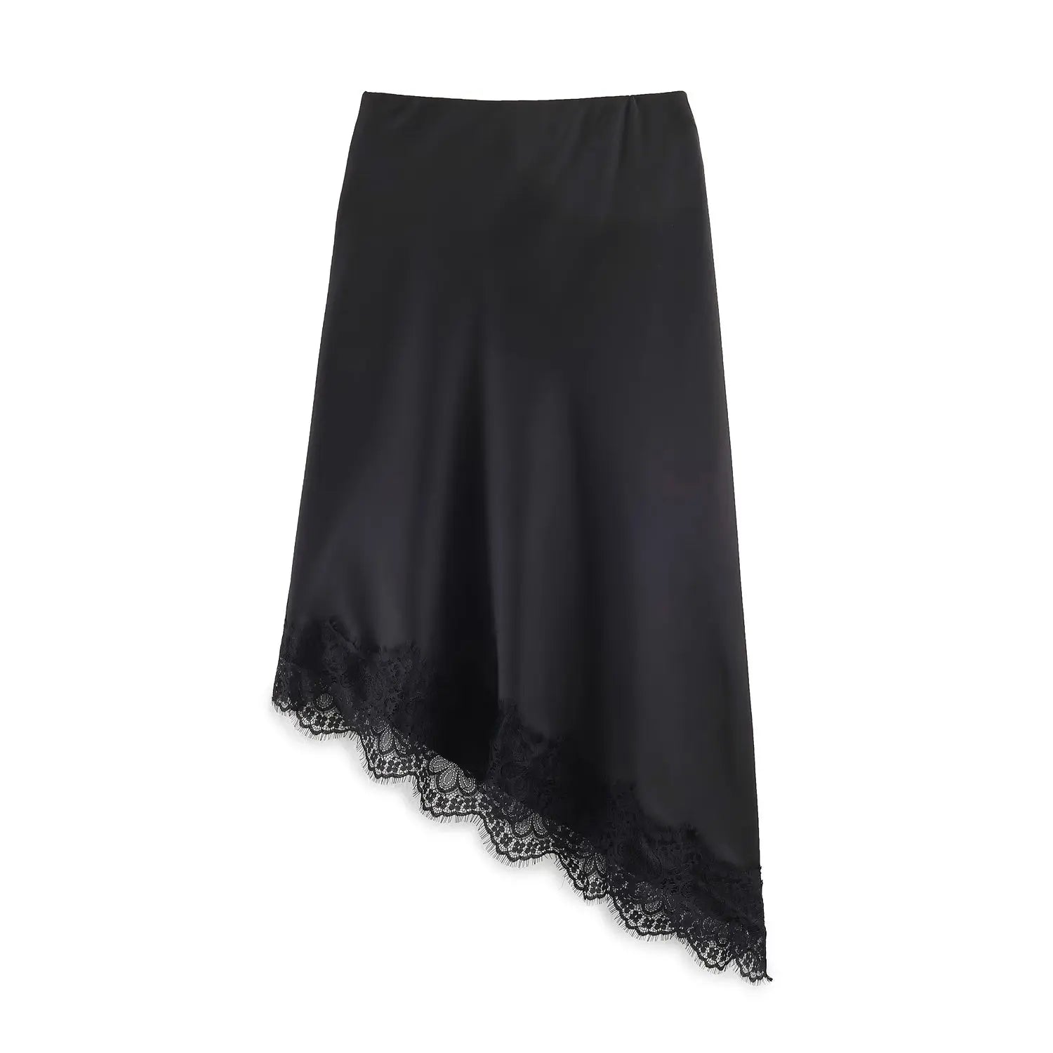 Women Clothing Spring Sexy Satin Acetate Lace Stitching Irregular Asymmetric Skirt