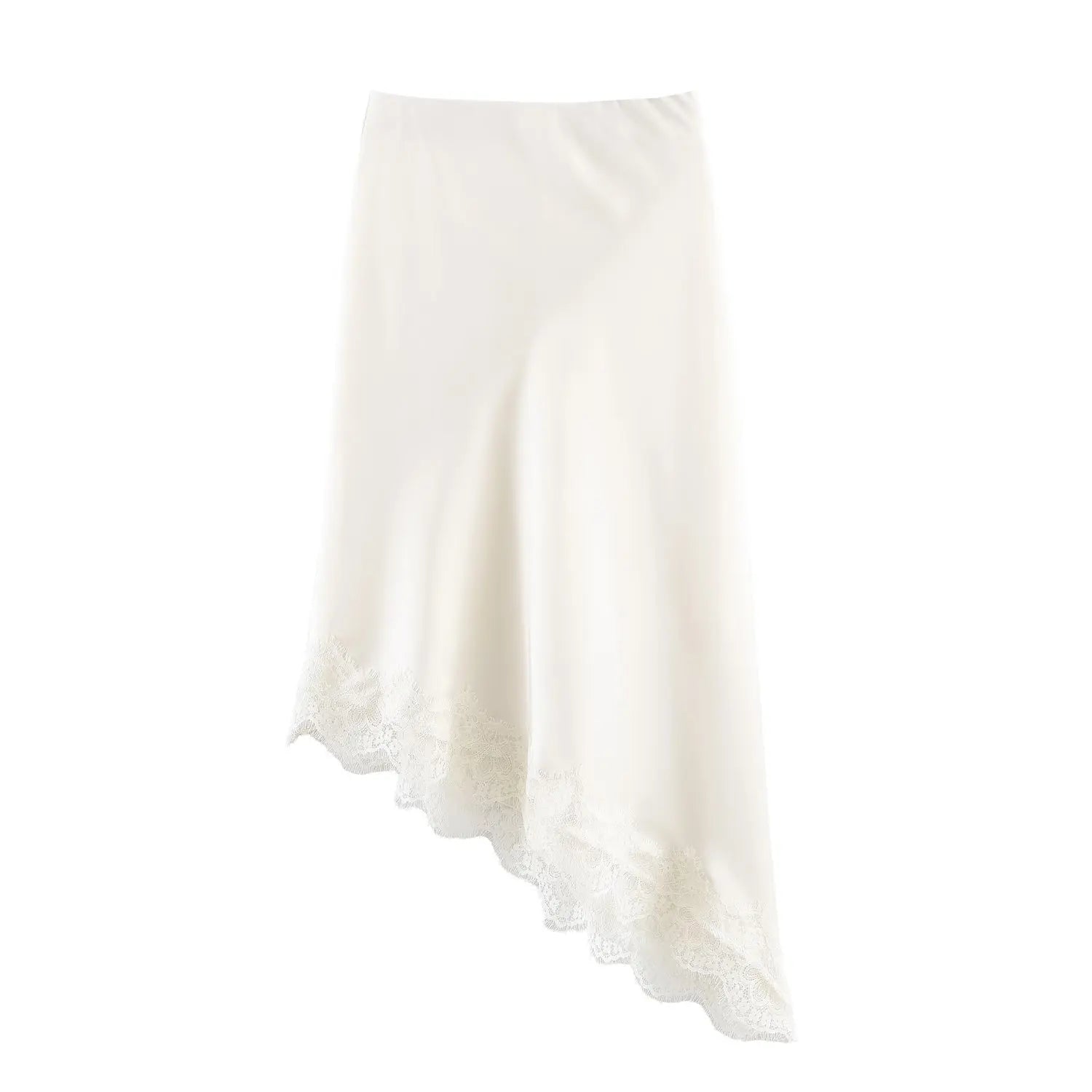 Women Clothing Spring Sexy Satin Acetate Lace Stitching Irregular Asymmetric Skirt