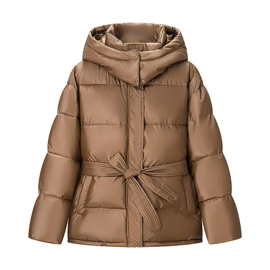 Spring Bright Surface Belt Cotton Padded Jacket All Matching Hooded Zipper Long Sleeve Coat