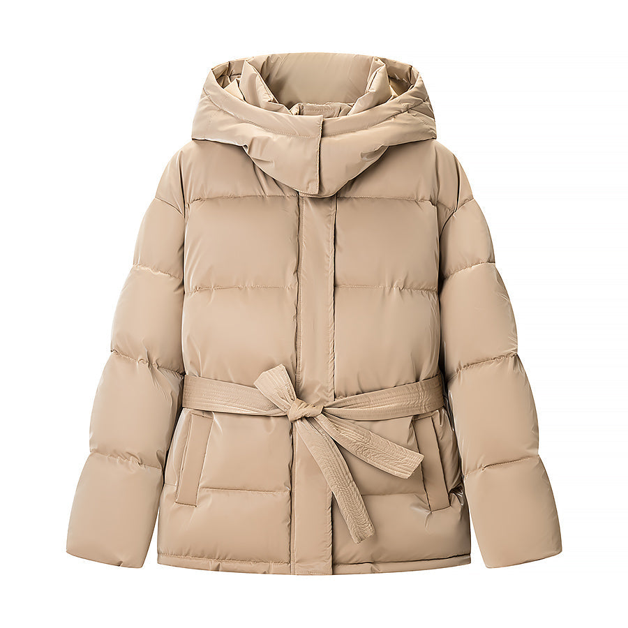 Spring Bright Surface Belt Cotton Padded Jacket All Matching Hooded Zipper Long Sleeve Coat by Ragazza