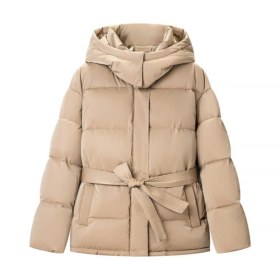 Spring Bright Surface Belt Cotton Padded Jacket All Matching Hooded Zipper Long Sleeve Coat
