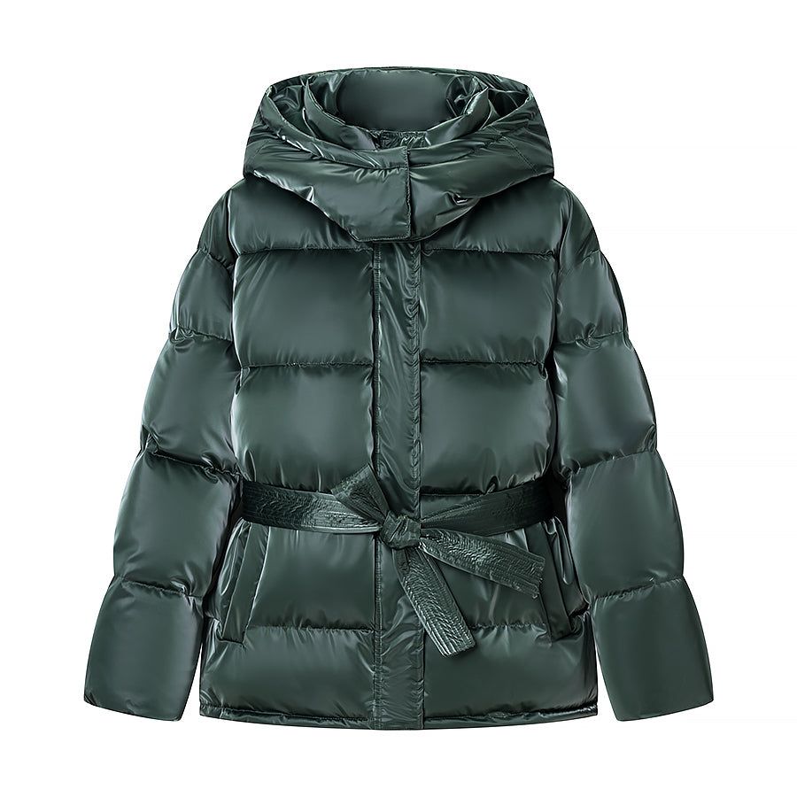 Spring Bright Surface Belt Cotton Padded Jacket All Matching Hooded Zipper Long Sleeve Coat by Ragazza