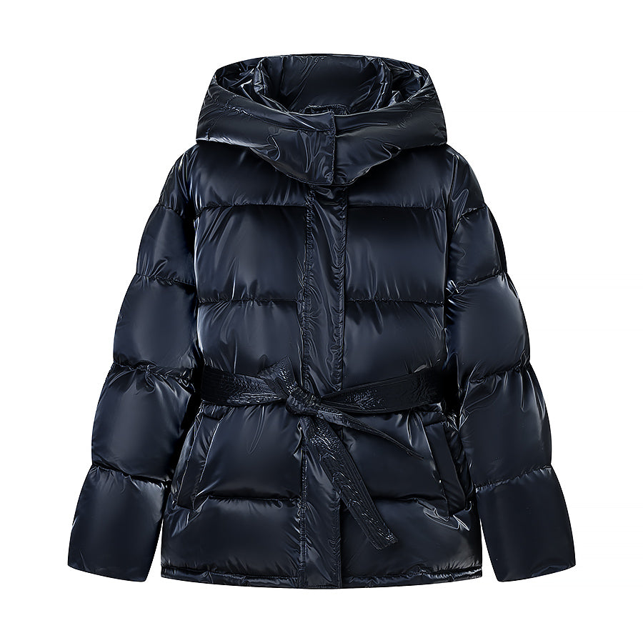 Spring Bright Surface Belt Cotton Padded Jacket All Matching Hooded Zipper Long Sleeve Coat by Ragazza