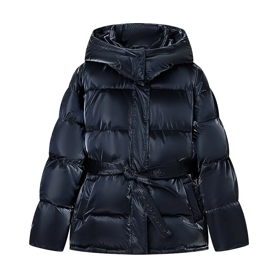 Spring Bright Surface Belt Cotton Padded Jacket All Matching Hooded Zipper Long Sleeve Coat