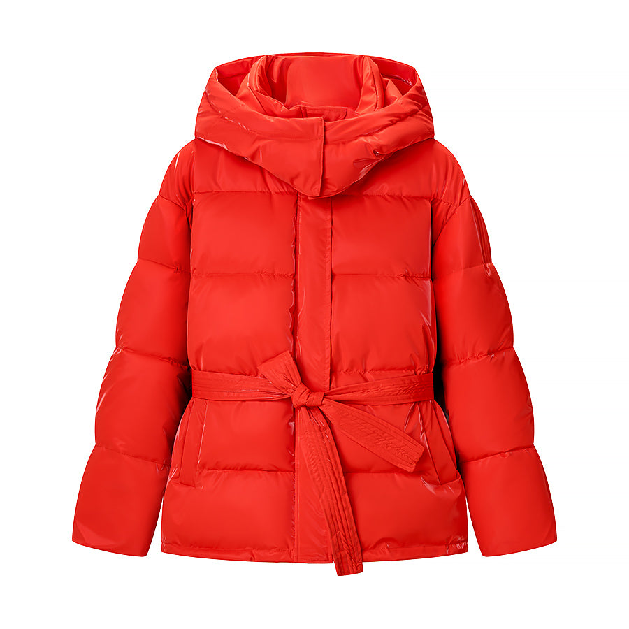 Spring Bright Surface Belt Cotton Padded Jacket All Matching Hooded Zipper Long Sleeve Coat by Ragazza