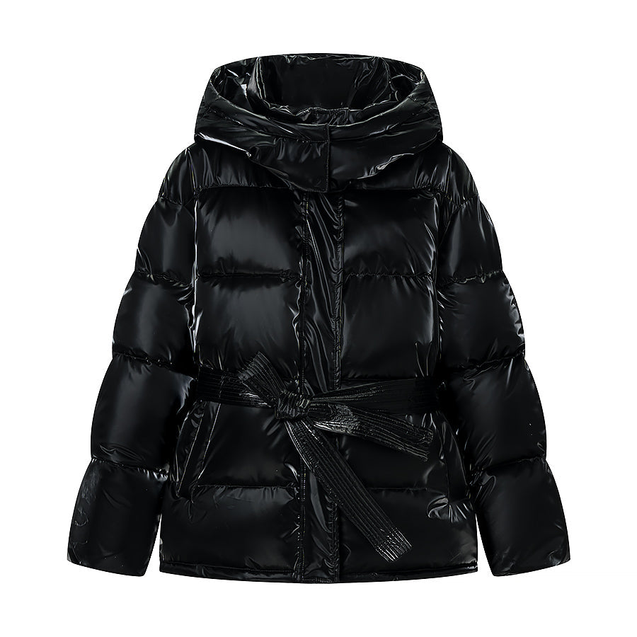 Spring Bright Surface Belt Cotton Padded Jacket All Matching Hooded Zipper Long Sleeve Coat by Ragazza