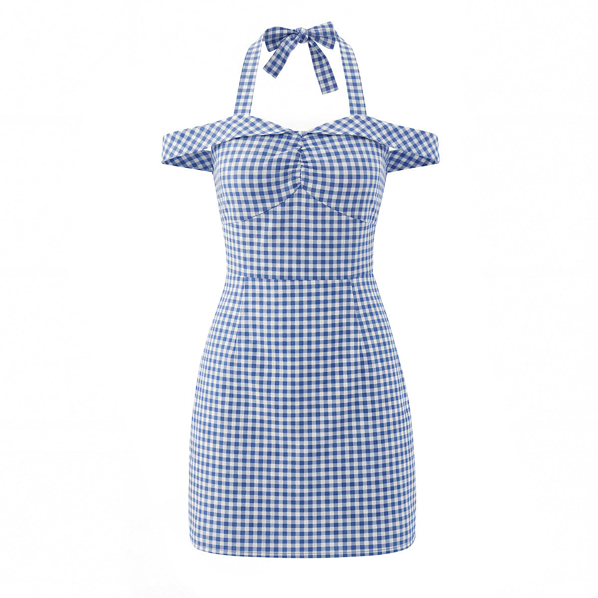 Women French Plaid Sweet Cute Bow Bandage Halterneck off Shoulder Tight Waist Slim Short Dress by Ragazza