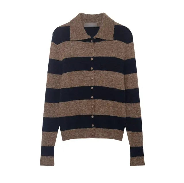 Spring Casual Simple Striped Design Polo Collar Knitwear Women
