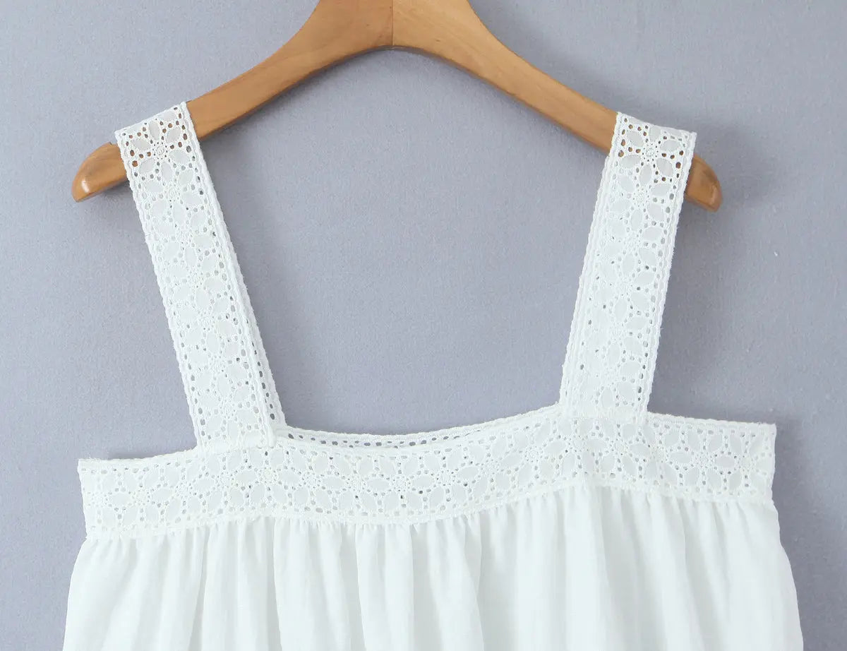 Women Lace Stitching Cami Dress Summer Loose Slimming White Holiday Short Dress