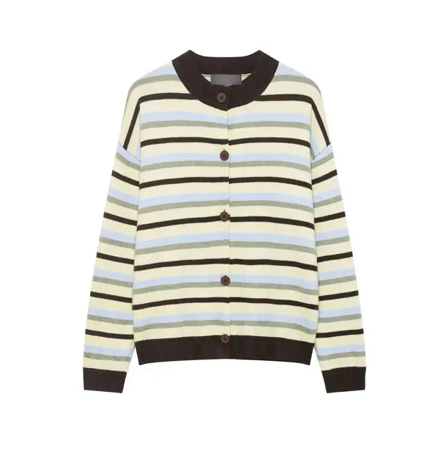 Round Neck Long Sleeve Loose Contrast Color Striped Lazy Knitted Sweater Women