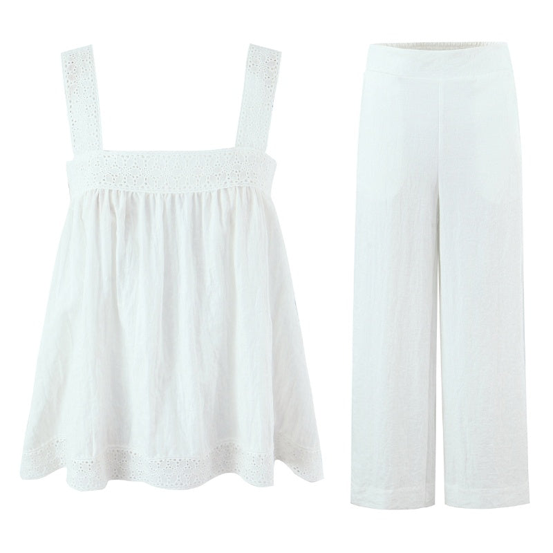 White Lace Sleeveless Shirt Trousers Women Summer Design French Shirt Wide Leg Pants Sets by Ragazza