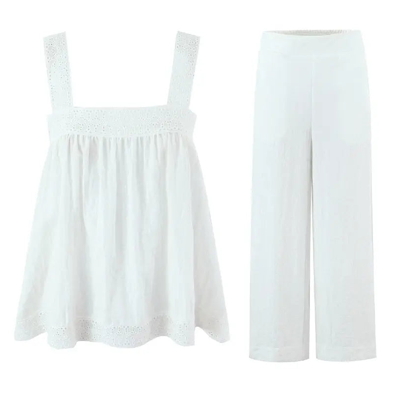 White Lace Sleeveless Shirt Trousers Women Summer Design French Shirt Wide Leg Pants Sets