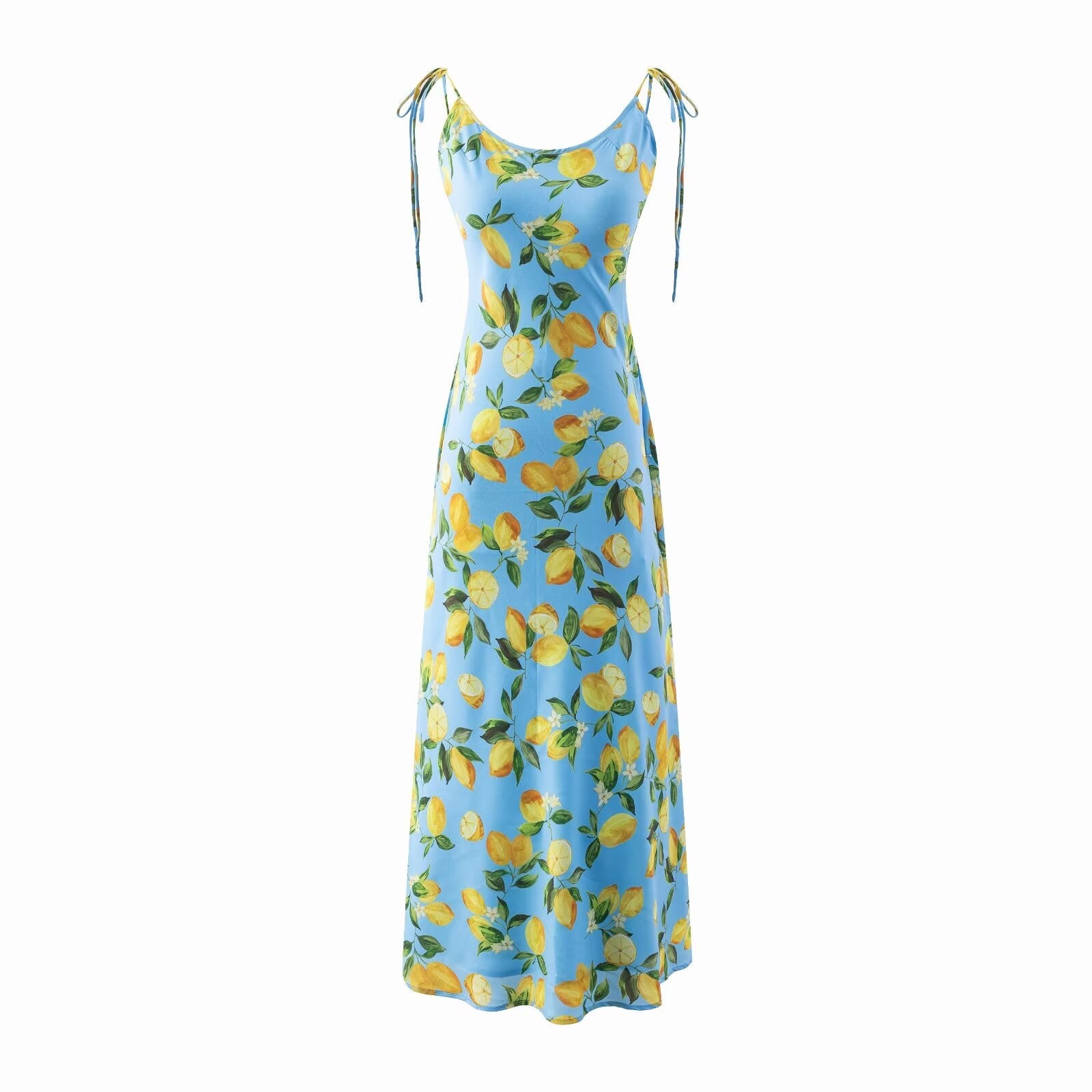 Spring Big U Neck Sweet Lemon Printing Chic Sleeveless Mid-Length Lace up Dress by Ragazza